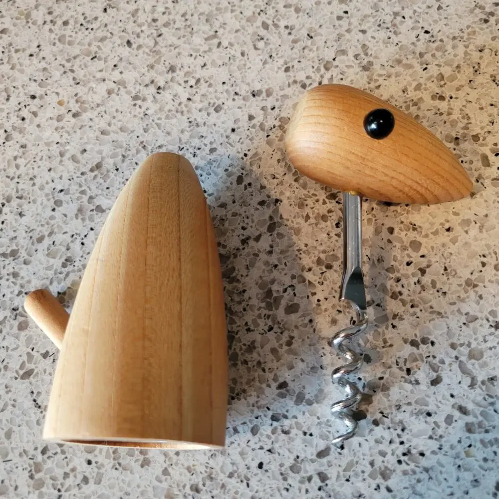 VTG MCM Handcrafted Wood Bird Corkscrew Bottle Opener Stainless Made in Japan